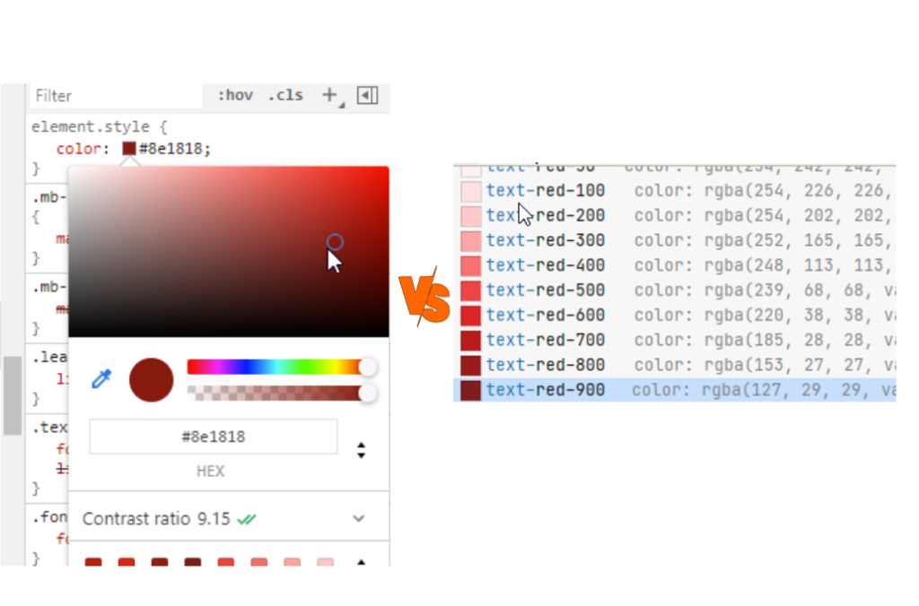 Infinite color values vs Tailwind discrete values - Chrome CSS inspector VS Tailwind